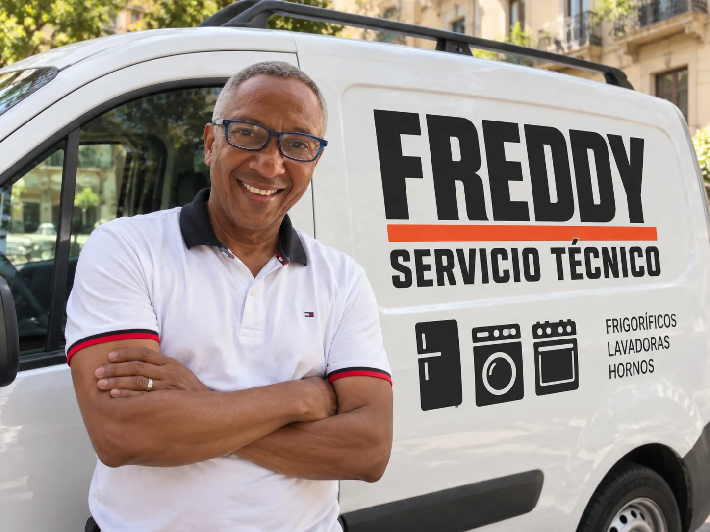 Freddy, junto a su furgoneta rotulada, en una calle de Barcelona